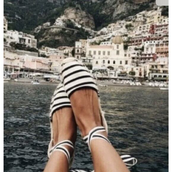 Soludos Original - Striped Woven Women NEW SOLUDOS sz 6.5 Striped Ankle Tie Espadrille Sandals Natural/Black stripe Z22